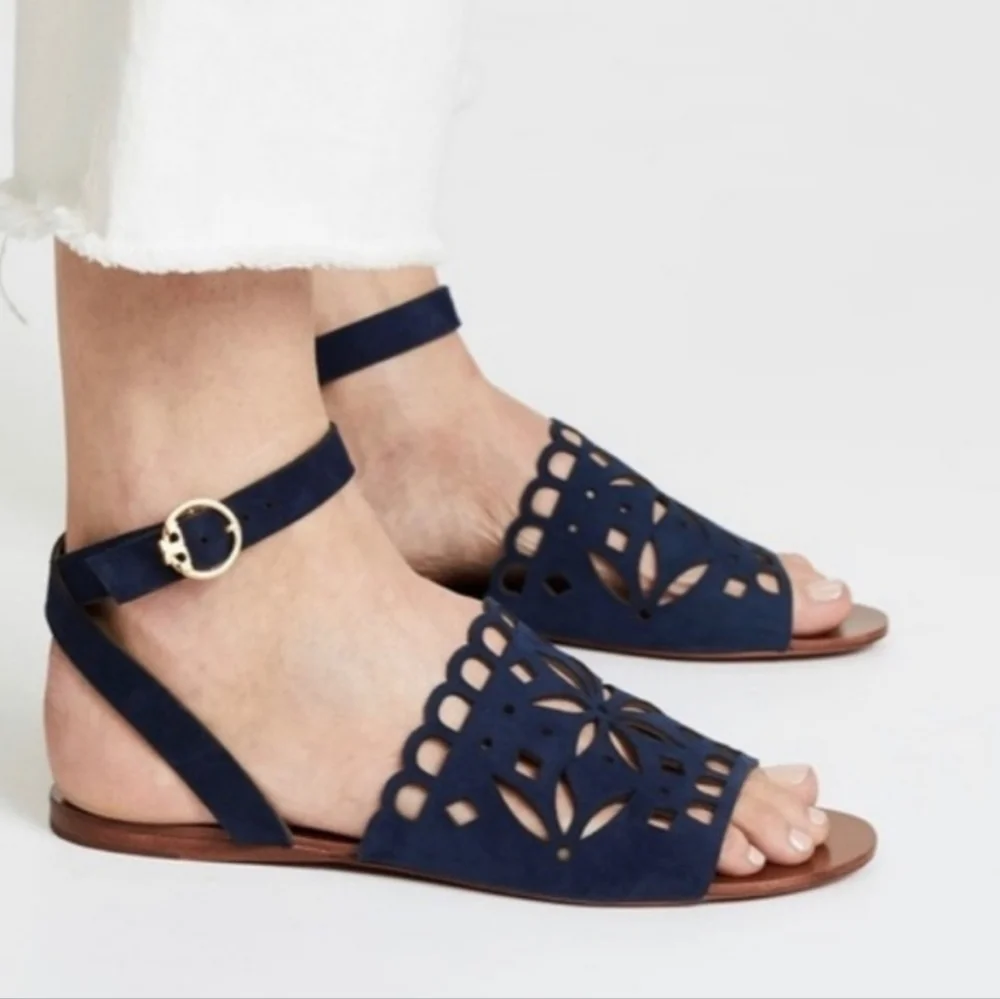 Tory Burch Womens May  Ankle Leather Suede Flats Sandals shoes sz 10M